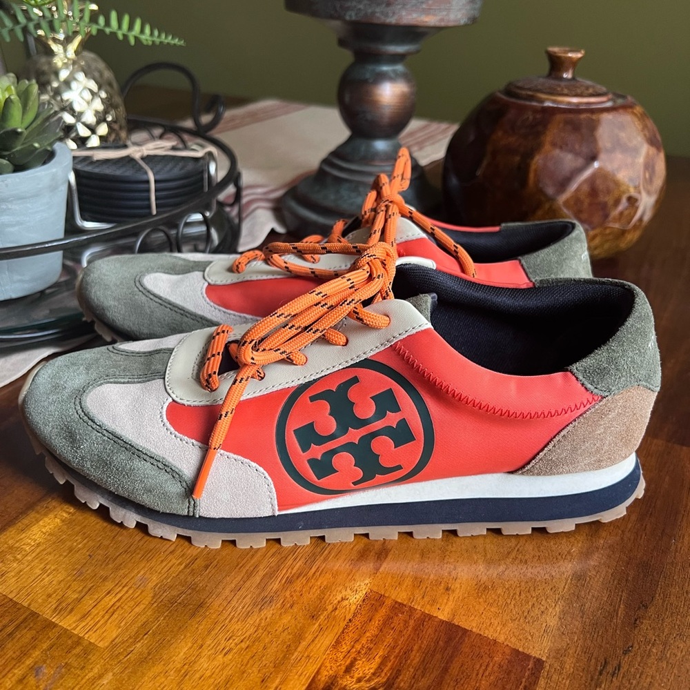Tory Burch Orange, Green, Beige & Tan Mixed-Media Sneakers